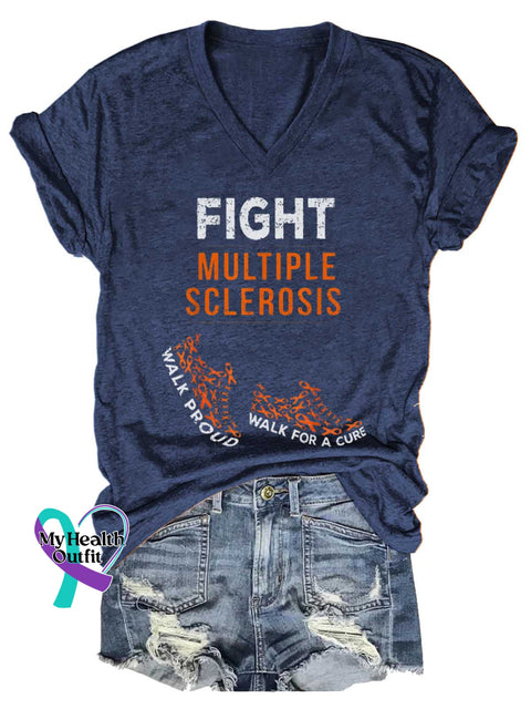 Women’s Ms Awareness Multiple Sclerosis Warrior Multiple Sclerosis Orange Ribbon V-neck Casual T-Shirt Blue / S