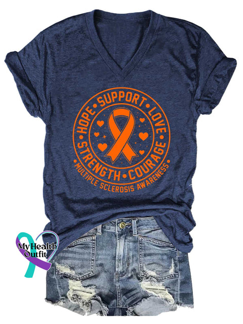 Women’s Ms Awareness Multiple Sclerosis Warrior Multiple Sclerosis Orange Ribbon V-neck Casual T-Shirt Blue / S