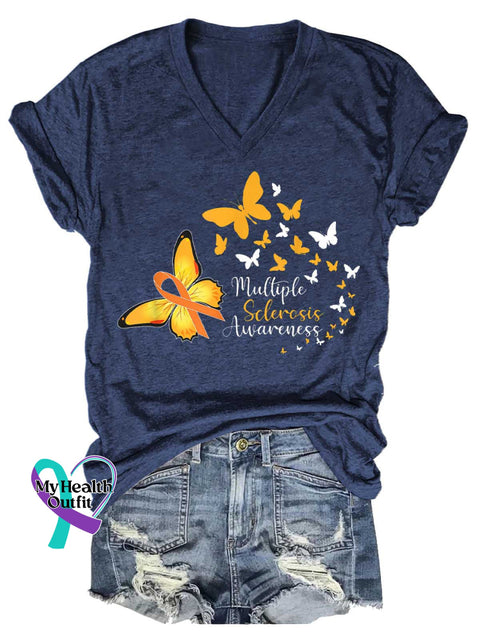 Women’s Ms Awareness Multiple Sclerosis Warrior Multiple Sclerosis Orange Ribbon V-neck Casual T-Shirt Blue / S