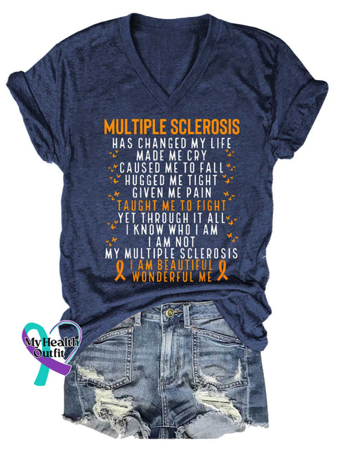 Women’s Ms Awareness Multiple Sclerosis Warrior Multiple Sclerosis Orange Ribbon V-neck Casual T-Shirt Blue / S