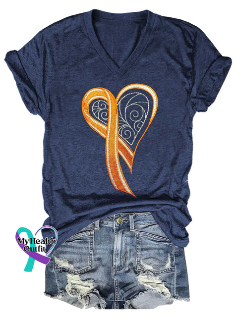Women’s Ms Awareness Multiple Sclerosis Warrior Multiple Sclerosis Orange Ribbon V-neck Casual T-Shirt Blue / S
