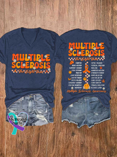 Women’s Ms Awareness Multiple Sclerosis Warrior Multiple Sclerosis Orange Ribbon V-neck Casual T-Shirt Blue / S