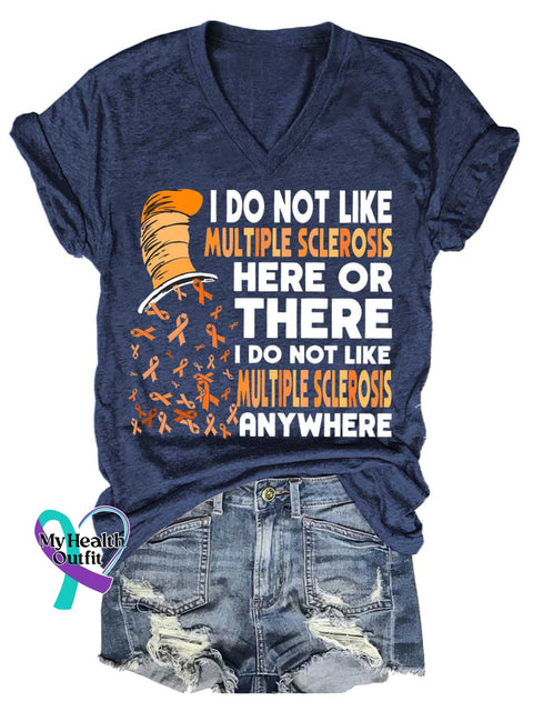 Women’s Ms Awareness Multiple Sclerosis Warrior Multiple Sclerosis Orange Ribbon V-neck Casual T-Shirt Blue / S