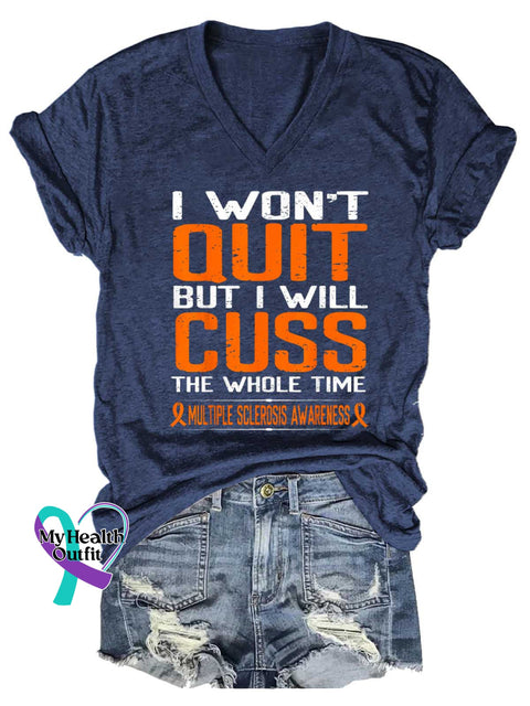 Women’s Ms Awareness Multiple Sclerosis Warrior Multiple Sclerosis Orange Ribbon V-neck Casual T-Shirt Blue / S