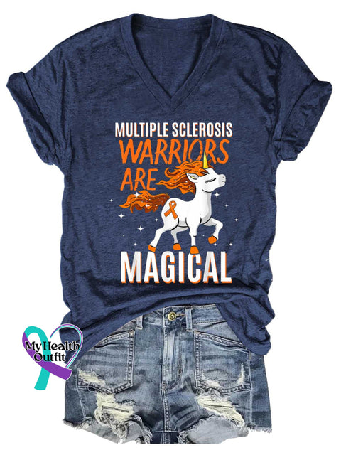 Women’s Ms Awareness Multiple Sclerosis Warrior Multiple Sclerosis Orange Ribbon V-neck Casual T-Shirt Blue / S