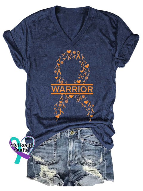 Women’s Ms Awareness Multiple Sclerosis Warrior Multiple Sclerosis Orange Ribbon V-neck Casual T-Shirt Blue / S