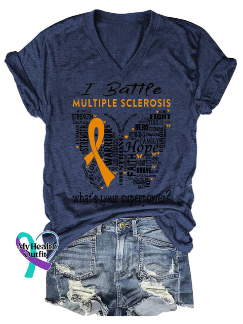 Women’s Ms Awareness Multiple Sclerosis Warrior Multiple Sclerosis Orange Ribbon V-neck Casual T-Shirt Blue / S