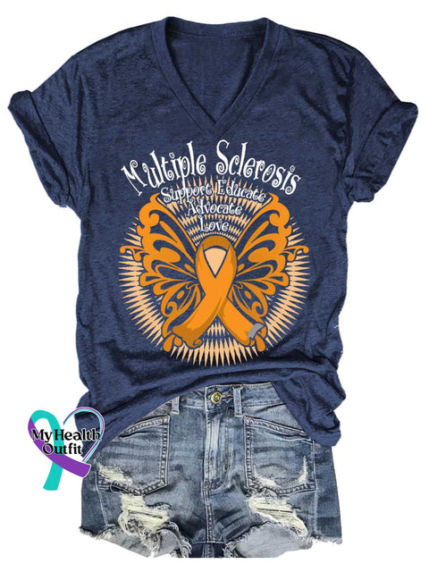 Women’s Ms Awareness Multiple Sclerosis Warrior Multiple Sclerosis Orange Ribbon V-neck Casual T-Shirt Blue / S