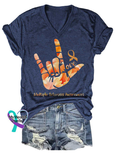 Women’s Ms Awareness Multiple Sclerosis Warrior Multiple Sclerosis Orange Ribbon V-neck Casual T-Shirt Blue / S