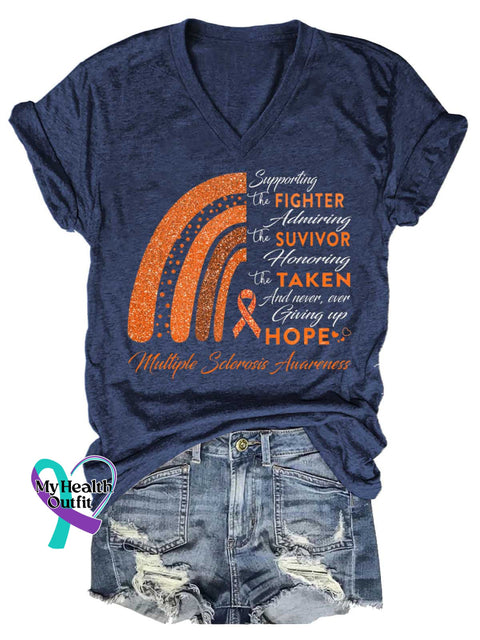 Women’s Ms Awareness Multiple Sclerosis Warrior Multiple Sclerosis Orange Ribbon V-neck Casual T-Shirt Blue / S
