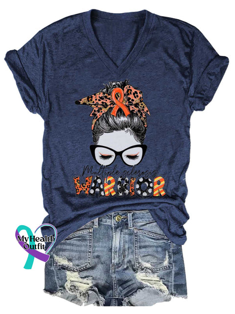 Women’s Ms Awareness Multiple Sclerosis Warrior Multiple Sclerosis Orange Ribbon V-neck Casual T-Shirt Blue / S