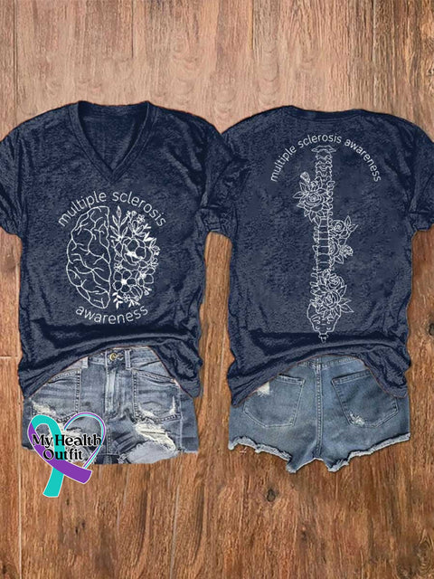 Women’s Ms Awareness Multiple Sclerosis Warrior Multiple Sclerosis Orange Ribbon V-neck Casual T-Shirt Blue / S