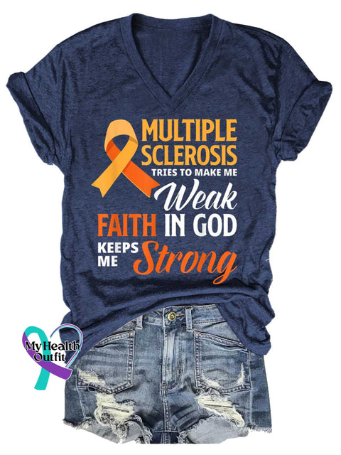 Women’s Ms Awareness Multiple Sclerosis Warrior Multiple Sclerosis Orange Ribbon V-neck Casual T-Shirt Blue / S