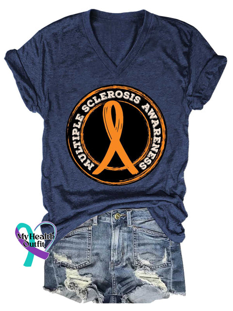 Women’s Ms Awareness Multiple Sclerosis Warrior Multiple Sclerosis Orange Ribbon V-neck Casual T-Shirt Blue / S
