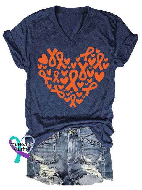 Women’s Ms Awareness Multiple Sclerosis Warrior Multiple Sclerosis Orange Ribbon V-neck Casual T-Shirt Blue / S
