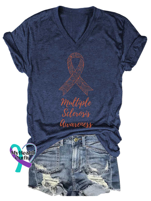 Women’s Ms Awareness Multiple Sclerosis Warrior Multiple Sclerosis Orange Ribbon V-neck Casual T-Shirt Blue / S