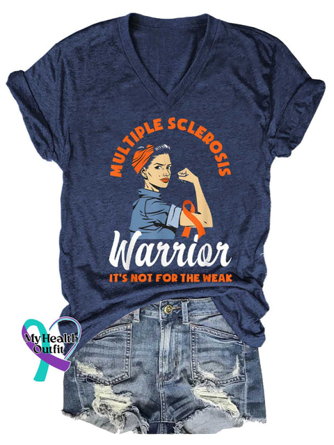 Women’s Ms Awareness Multiple Sclerosis Warrior Multiple Sclerosis Orange Ribbon V-neck Casual T-Shirt Blue / S