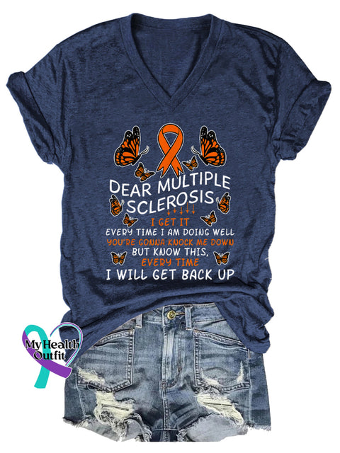 Women’s Ms Awareness Multiple Sclerosis Warrior Multiple Sclerosis Orange Ribbon V-neck Casual T-Shirt Blue / S