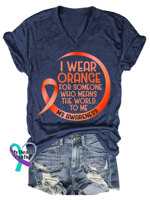 Women’s Ms Awareness Multiple Sclerosis Warrior Multiple Sclerosis Orange Ribbon V-neck Casual T-Shirt Blue / S