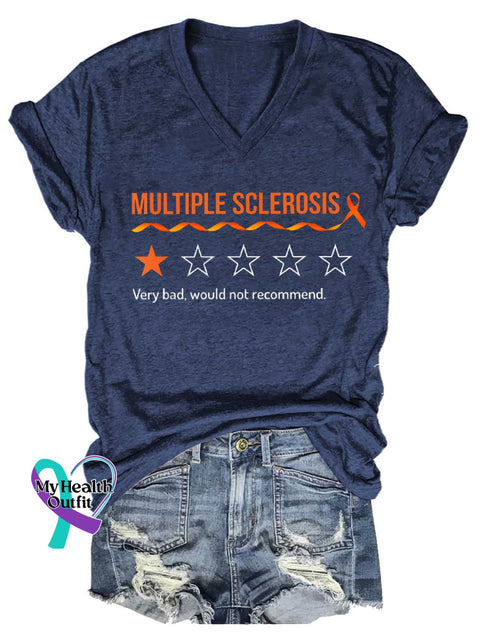 Women’s Ms Awareness Multiple Sclerosis Warrior Multiple Sclerosis Orange Ribbon V-neck Casual T-Shirt Blue / S