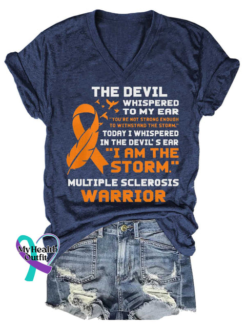 Women’s Ms Awareness Multiple Sclerosis Warrior Multiple Sclerosis Orange Ribbon V-neck Casual T-Shirt Blue / S
