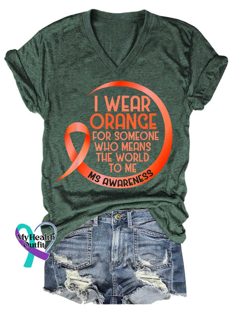 Women’s Ms Awareness Multiple Sclerosis Warrior Multiple Sclerosis Orange Ribbon V-neck Casual T-Shirt Green / S