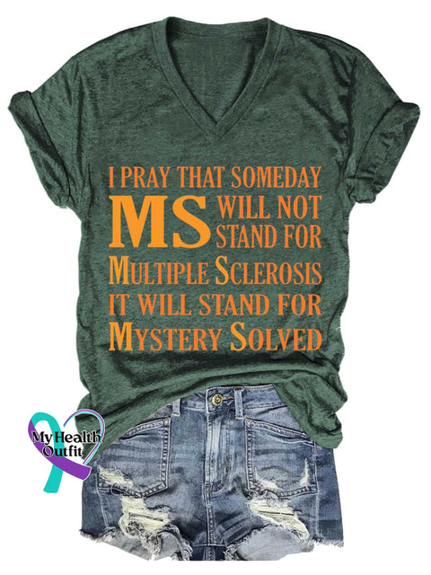 Women’s Ms Awareness Multiple Sclerosis Warrior Multiple Sclerosis Orange Ribbon V-neck Casual T-Shirt Green / S