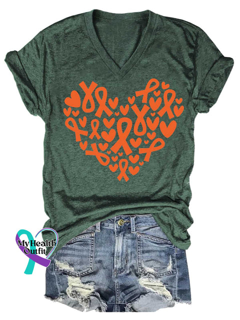 Women’s Ms Awareness Multiple Sclerosis Warrior Multiple Sclerosis Orange Ribbon V-neck Casual T-Shirt Green / S