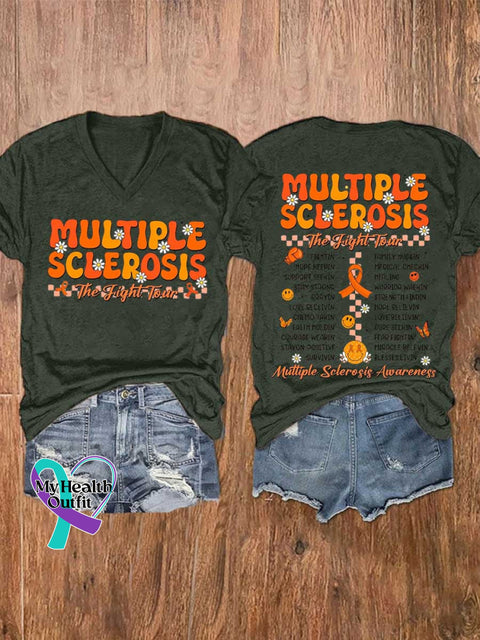Women’s Ms Awareness Multiple Sclerosis Warrior Multiple Sclerosis Orange Ribbon V-neck Casual T-Shirt Green / S