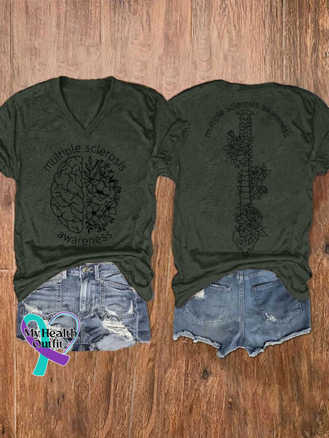 Women’s Ms Awareness Multiple Sclerosis Warrior Multiple Sclerosis Orange Ribbon V-neck Casual T-Shirt Green / S