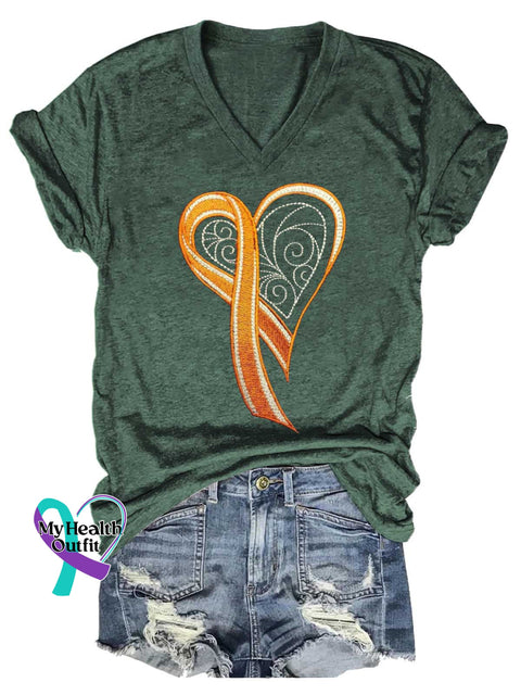 Women’s Ms Awareness Multiple Sclerosis Warrior Multiple Sclerosis Orange Ribbon V-neck Casual T-Shirt Green / S