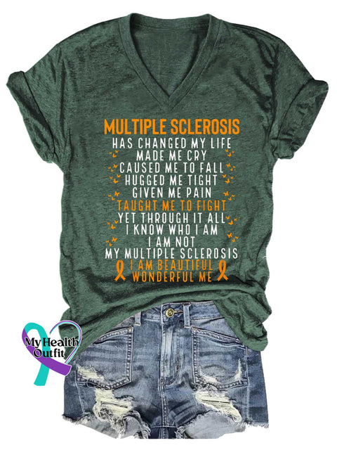Women’s Ms Awareness Multiple Sclerosis Warrior Multiple Sclerosis Orange Ribbon V-neck Casual T-Shirt Green / S