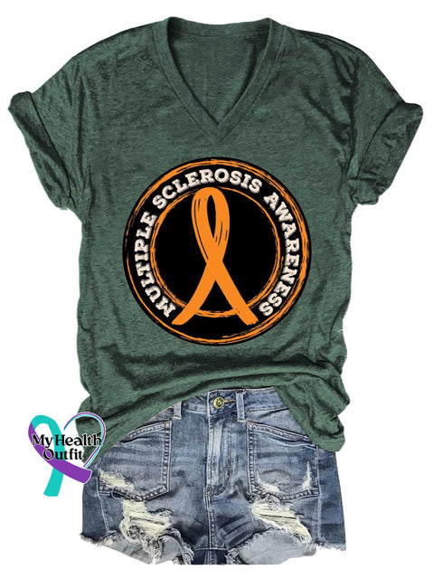 Women’s Ms Awareness Multiple Sclerosis Warrior Multiple Sclerosis Orange Ribbon V-neck Casual T-Shirt Green / S