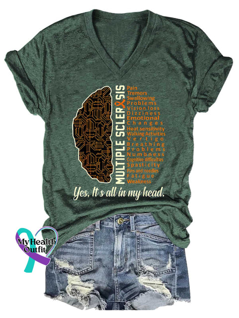 Women’s Ms Awareness Multiple Sclerosis Warrior Multiple Sclerosis Orange Ribbon V-neck Casual T-Shirt Green / S