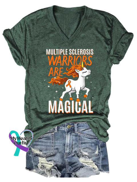 Women’s Ms Awareness Multiple Sclerosis Warrior Multiple Sclerosis Orange Ribbon V-neck Casual T-Shirt Green / S