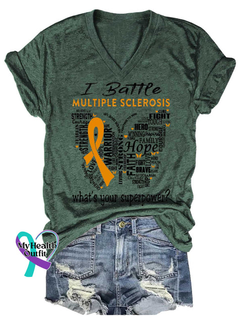 Women’s Ms Awareness Multiple Sclerosis Warrior Multiple Sclerosis Orange Ribbon V-neck Casual T-Shirt Green / S