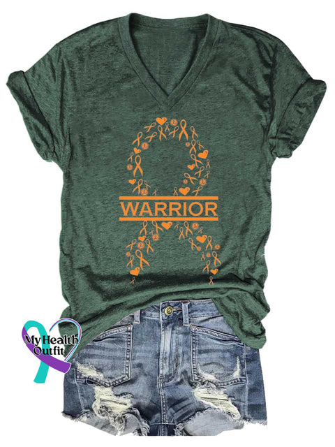 Women’s Ms Awareness Multiple Sclerosis Warrior Multiple Sclerosis Orange Ribbon V-neck Casual T-Shirt Green / S