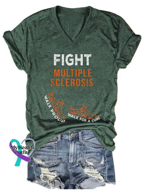 Women’s Ms Awareness Multiple Sclerosis Warrior Multiple Sclerosis Orange Ribbon V-neck Casual T-Shirt Green / S