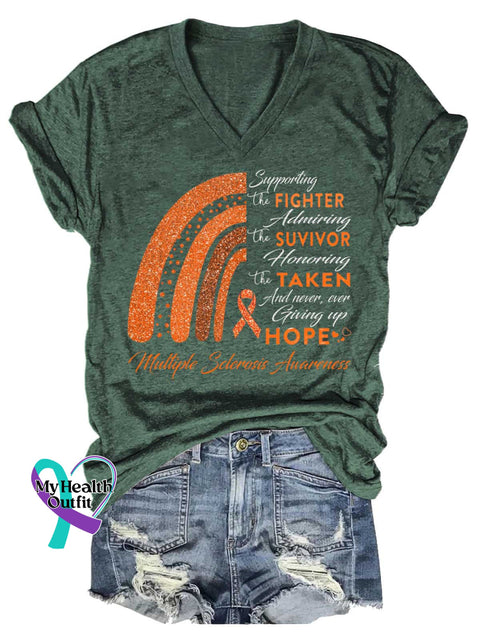 Women’s Ms Awareness Multiple Sclerosis Warrior Multiple Sclerosis Orange Ribbon V-neck Casual T-Shirt Green / S