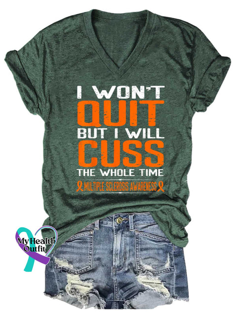Women’s Ms Awareness Multiple Sclerosis Warrior Multiple Sclerosis Orange Ribbon V-neck Casual T-Shirt Green / S