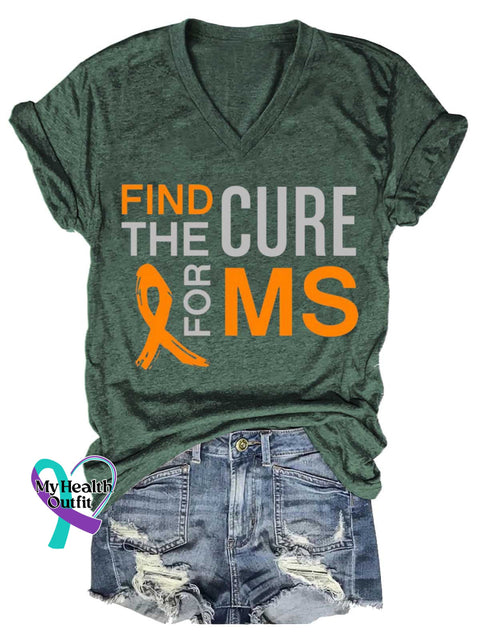Women’s Ms Awareness Multiple Sclerosis Warrior Multiple Sclerosis Orange Ribbon V-neck Casual T-Shirt Green / S