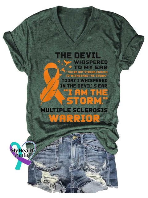 Women’s Ms Awareness Multiple Sclerosis Warrior Multiple Sclerosis Orange Ribbon V-neck Casual T-Shirt Green / S