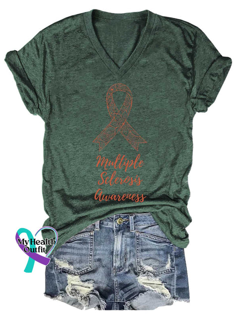 Women’s Ms Awareness Multiple Sclerosis Warrior Multiple Sclerosis Orange Ribbon V-neck Casual T-Shirt Green / S