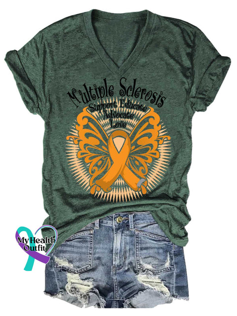 Women’s Ms Awareness Multiple Sclerosis Warrior Multiple Sclerosis Orange Ribbon V-neck Casual T-Shirt Green / S