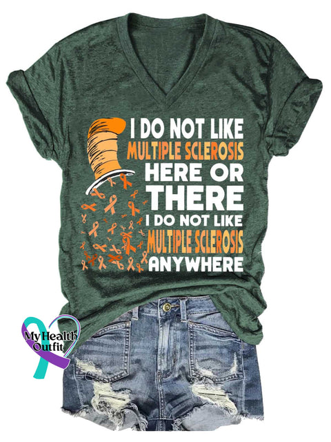 Women’s Ms Awareness Multiple Sclerosis Warrior Multiple Sclerosis Orange Ribbon V-neck Casual T-Shirt Green / S