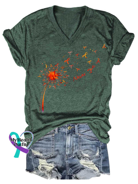 Women’s Ms Awareness Multiple Sclerosis Warrior Multiple Sclerosis Orange Ribbon V-neck Casual T-Shirt Green / S