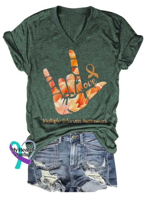 Women’s Ms Awareness Multiple Sclerosis Warrior Multiple Sclerosis Orange Ribbon V-neck Casual T-Shirt Green / S