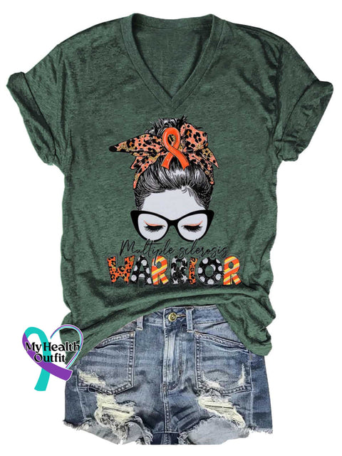 Women’s Ms Awareness Multiple Sclerosis Warrior Multiple Sclerosis Orange Ribbon V-neck Casual T-Shirt Green / S