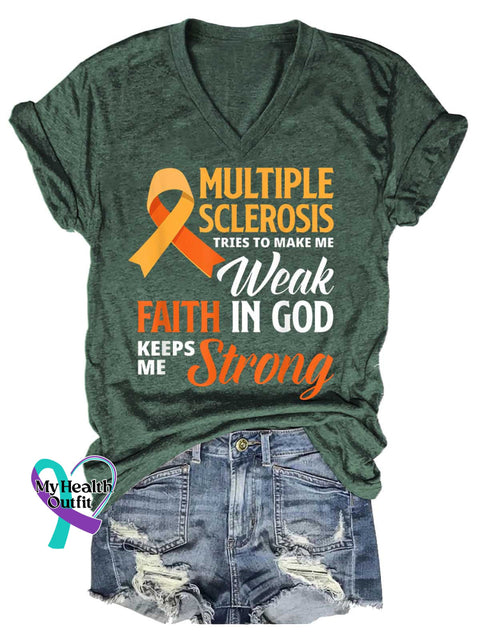 Women’s Ms Awareness Multiple Sclerosis Warrior Multiple Sclerosis Orange Ribbon V-neck Casual T-Shirt Green / S