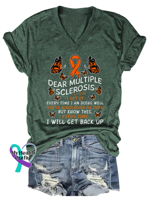 Women’s Ms Awareness Multiple Sclerosis Warrior Multiple Sclerosis Orange Ribbon V-neck Casual T-Shirt Green / S